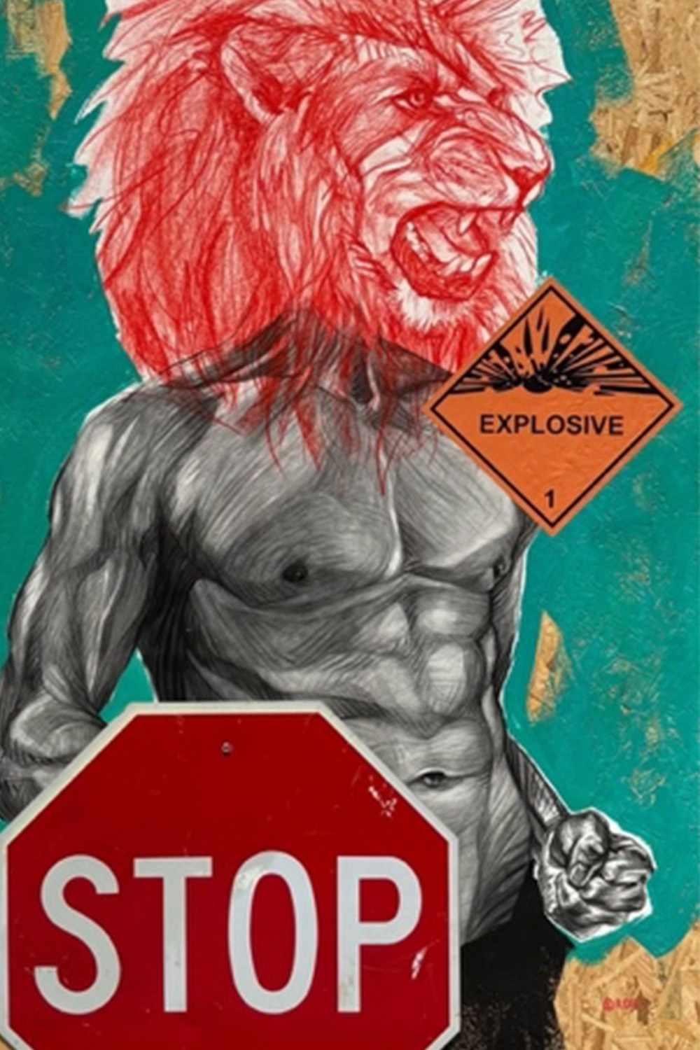 Painting of a figure with a lion head beside a stop sign