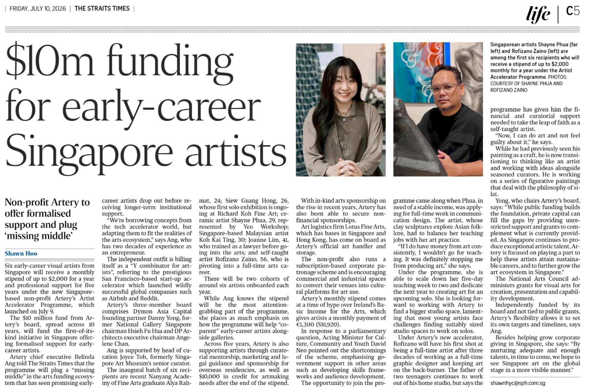 The Straits Times, Life page C5: ‘$10m funding for early-career Singapore artists’
